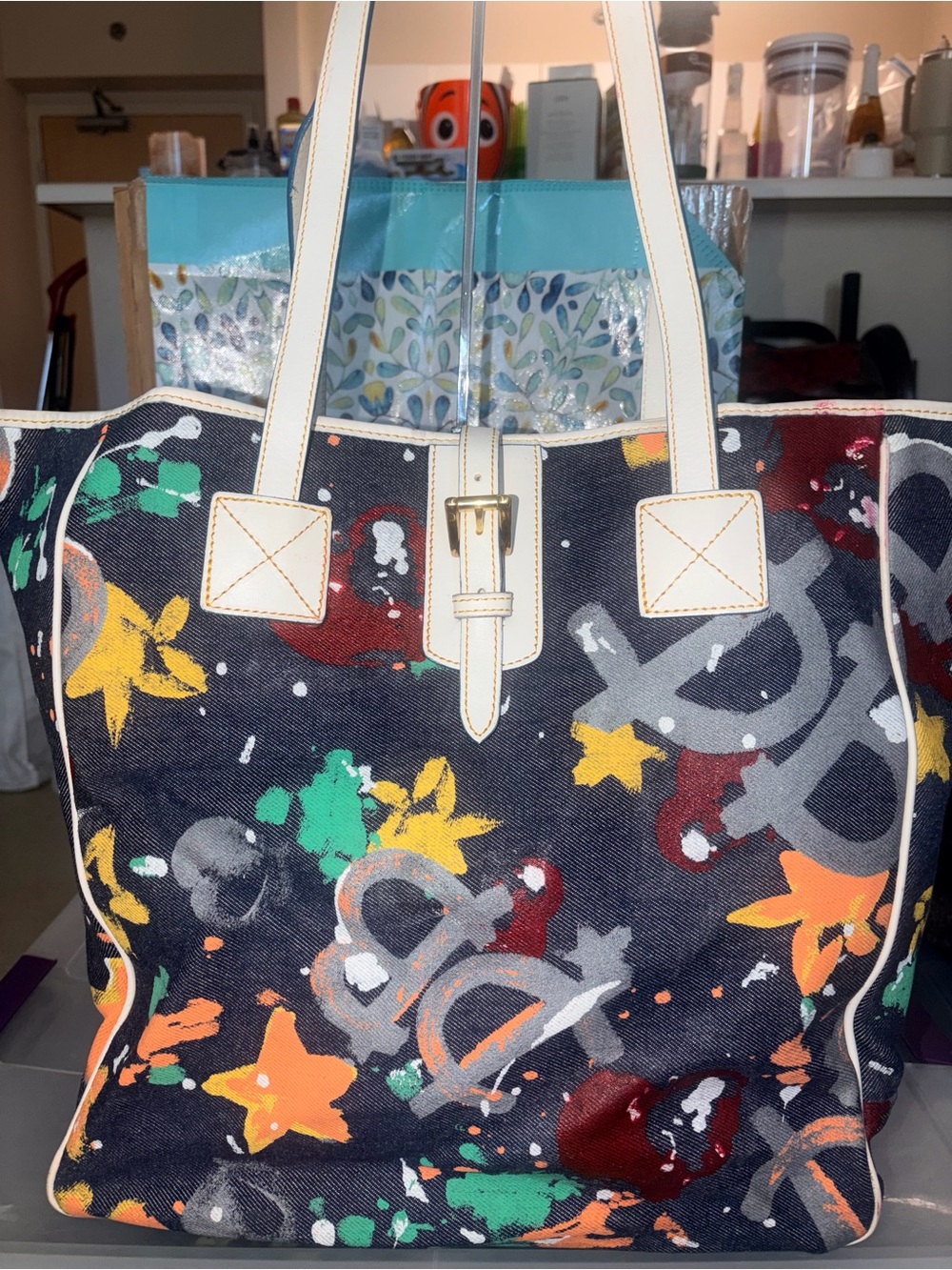 Dooney & Bourke Paint-Splash Canvas Tote Bag with White Trim - Set of 3